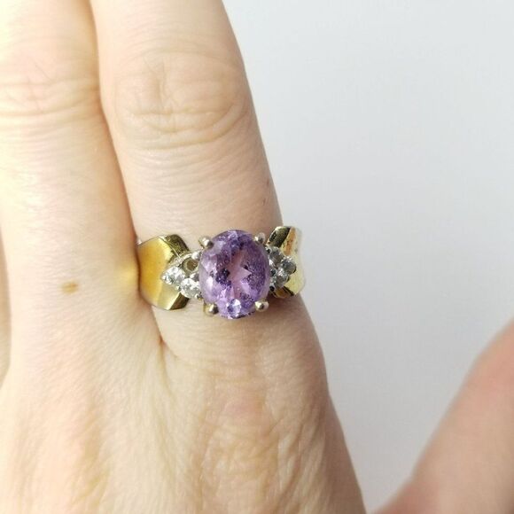 Vintage Sterling Silver Purple Rhinestone Gold Overlay Ring, Size 7, Estate - Picture 8 of 10